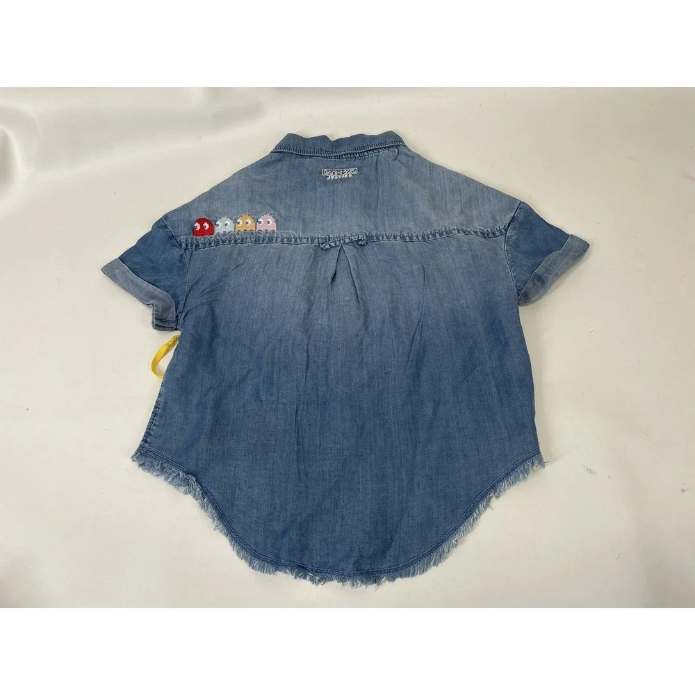 Justice Girls Pacman Denim Shirt Snap Closure Short Sleeve Size‎ S Blue
